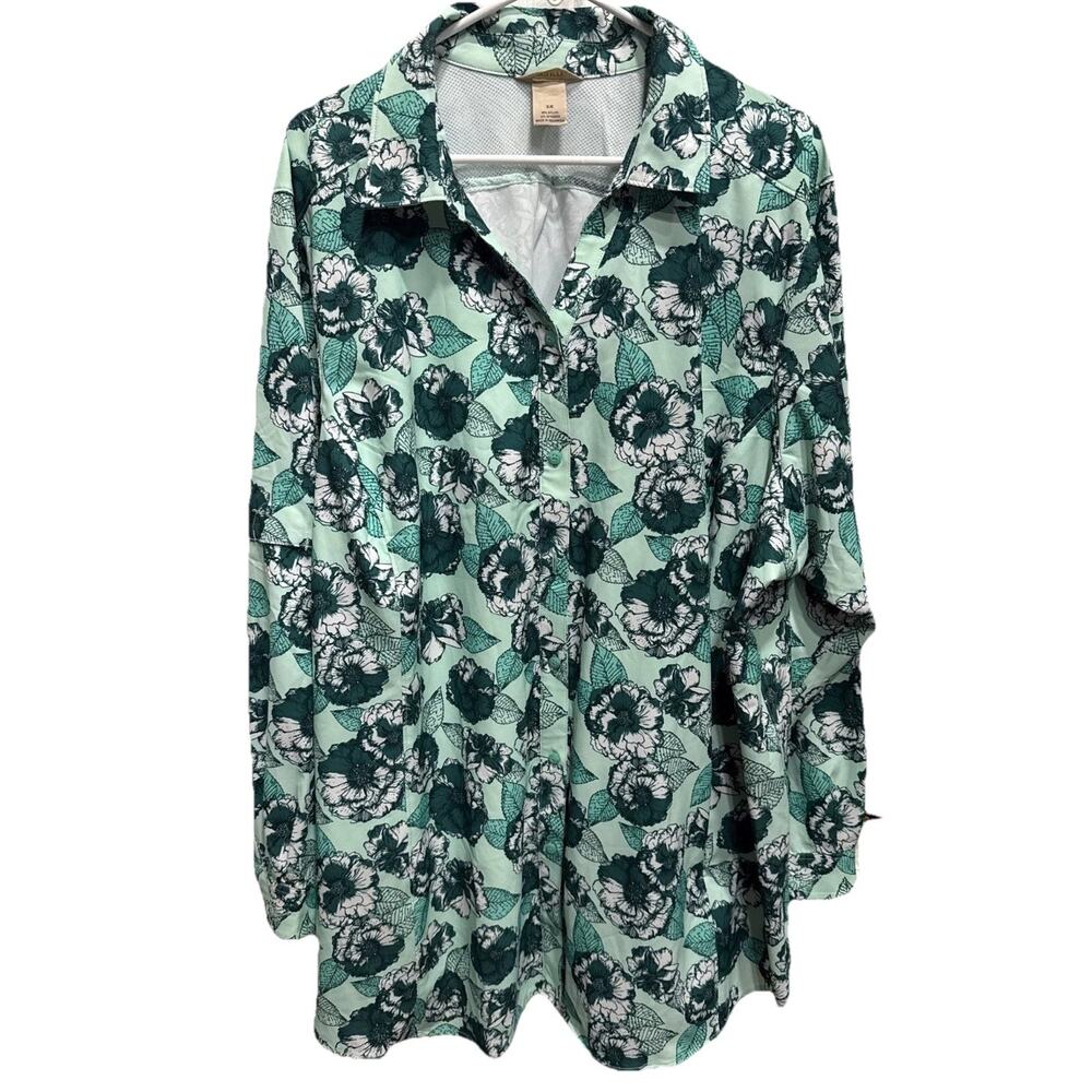 Duluth Trading Womens 3X Sidewinder Tunic Green Floral Vented Fishing Shirt